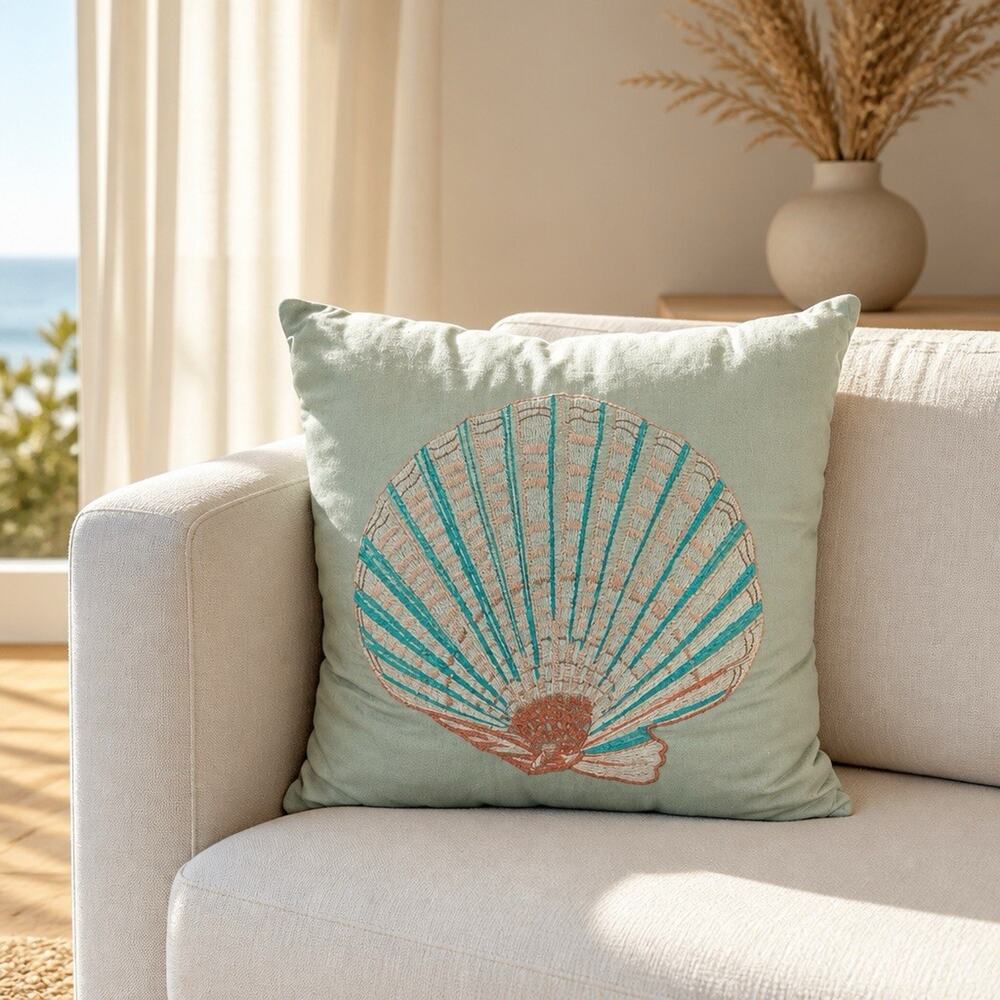 Pier 1 Coastal Embroidery Seashell 15x15” Decorative Pillow /Green/Pink/Blue